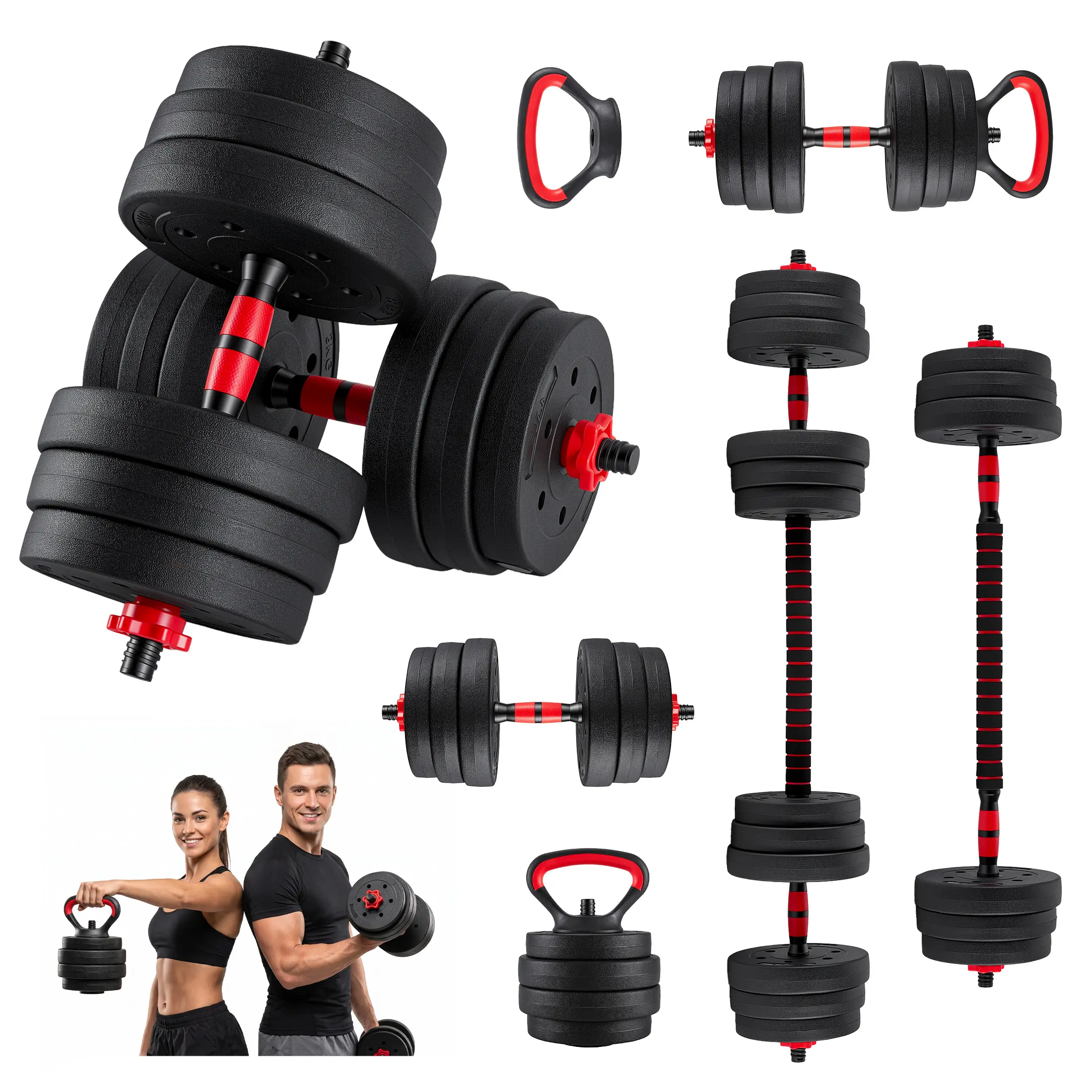 5-in-1 Adjustable Dumbbell Set, Converts to Barbell, Kettlebell & Push-Up Stands, Free Weights with Expansion Nuts & Anti-Slip Grip, Home Gym Equipment for Men & Women