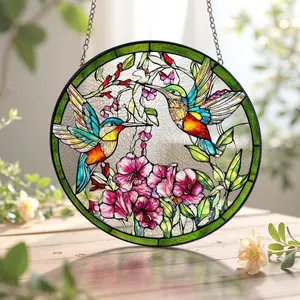 Hummingbird Suncatcher with Vibrant Flower Stained Glass/Decorative Window Hanging for Nature Lovers/Ideal Gift for Mom/Grandma/Bird Fans