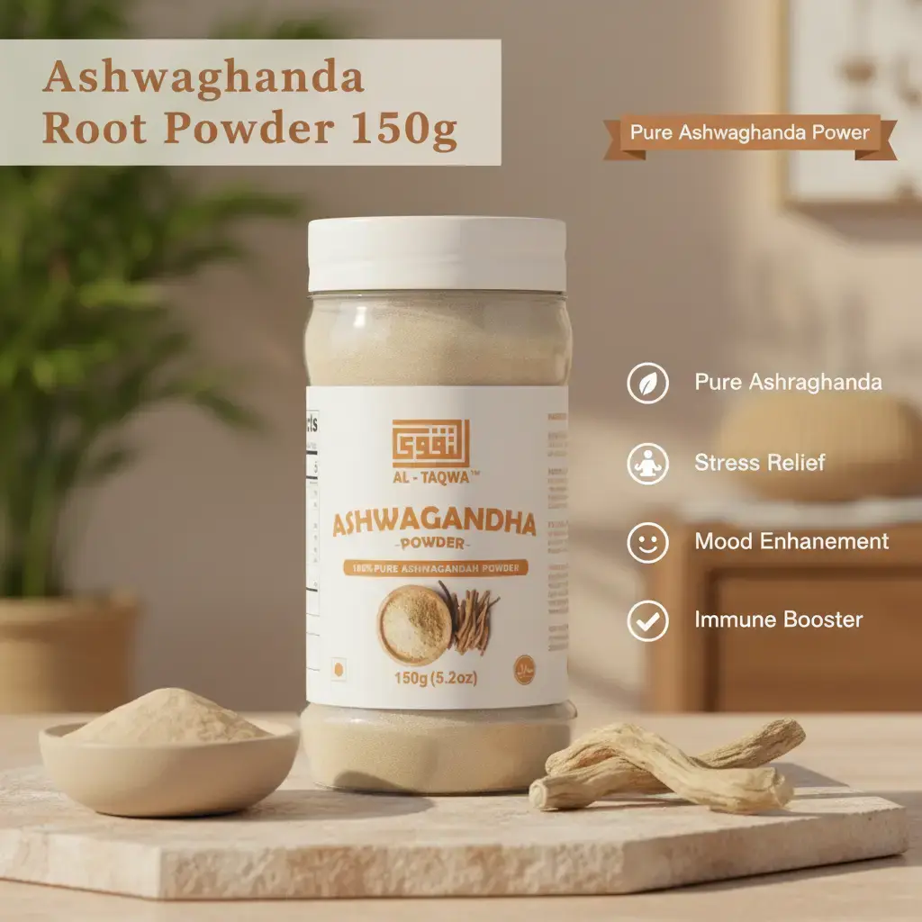 Al-Taqwa Women's Pure Ashwagandha Root Powder (150g, 2100mg Per Serving) - Halal Certified, Sugar-Free, Gluten-Free Powdered Supplement Drink Mix for 15-55+ Women, Stress Relief, Sleep Support, Stamina Boost, Immune & Gut Health, No Fillers/Binders