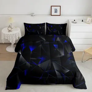 Blue Black Comforter Set Kids Geometric Pattern Bedding Set for Boys Girls Teens Adults,Art Aesthetic Duvet Quilt Breathable Soft Room Decor