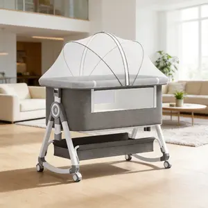 Grey 6-level Height Adjustable Baby Bedside Bassinet, Rocking Baby Crib with Breathable Mesh, Mattress, Wheels Mosquito Net & Storage Newborn Sleep Bed