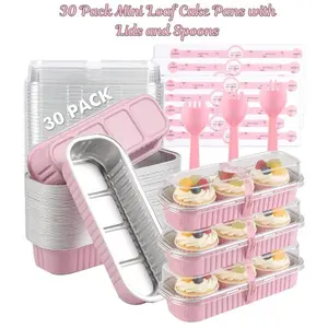 30 Pack Mini Loaf Cake Pans with Lids and Spoons – 6.8oz Small Disposable Aluminum Foil Pans, Rectangular Mini Bread Pans for Baking, Parties, Picnics, Holidays, Pink