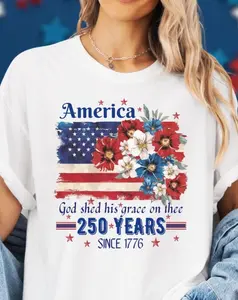 1pc American 250Th Anniversary Flag Flower T-Shirt | 100% Pure, Machine Washable, Casual Style, Crew Neck, Perfect for All Seasons, Ideal for Valentine'S Day And Birthday Gifts