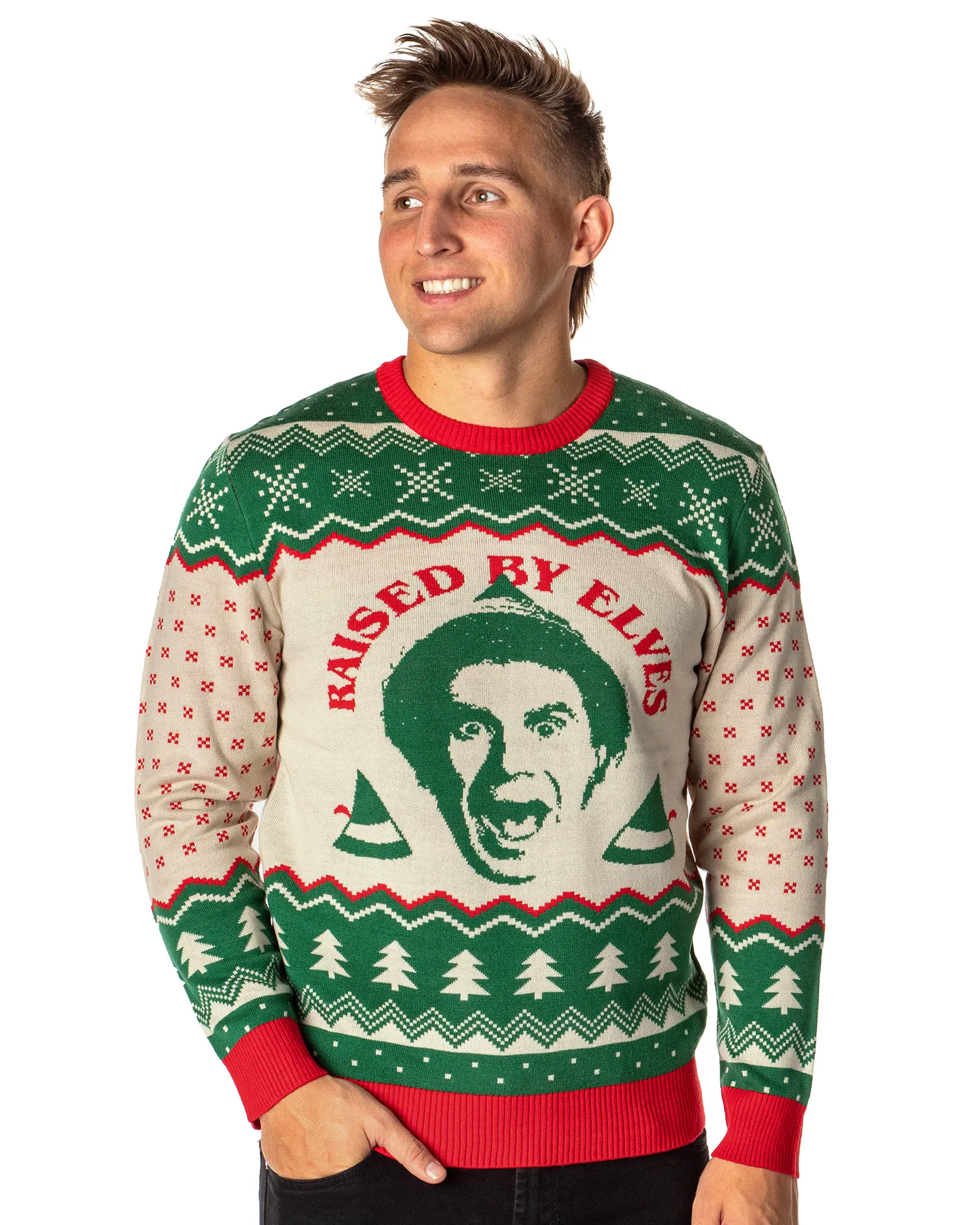 ELF The Movie Men's Raised By Elves Ugly Sweater for Christmas Knit Pullover
