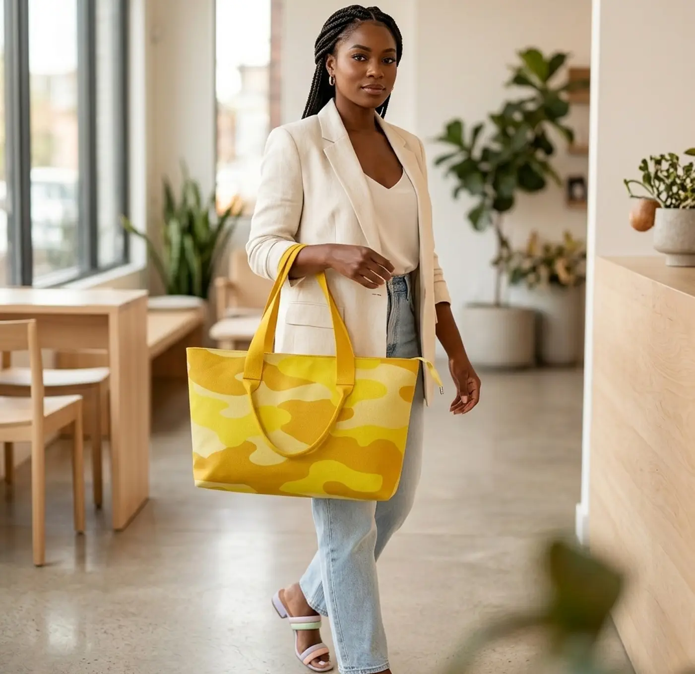 Yellow Camo Tote Bag | Large Everyday Work & Travel Tote with Zipper