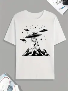 #TikTokShopRestock  Plus Size Funny UFO Alien Graphic T-Shirt – Men's Casual Short Sleeve Tee for Summer Spring Fall, Cool Streetwear Style, Gift-Worthy Outer Space Print Top, Trendy Y2K Sci-Fi Shirt