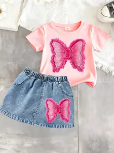 Girls' 2-Piece Set: Denim Butterfly Print Short Sleeve Top & Jean Skirt, Sweet Casual Summer, Summer Clothes Set, Fitted Style, No Zipper, Summer Clothing Set