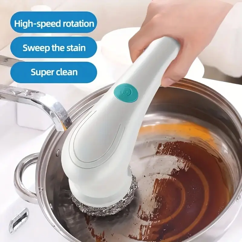 Cordless Handheld Electric Cleaning Brush - High-Speed Spin Scrubber Cleaning Gadgets with Replaceable Heads, USB Cable, Black Steel Wool, Green Sponge, Waterproof Kitchen Pot Pan Stain Remover Household Tool