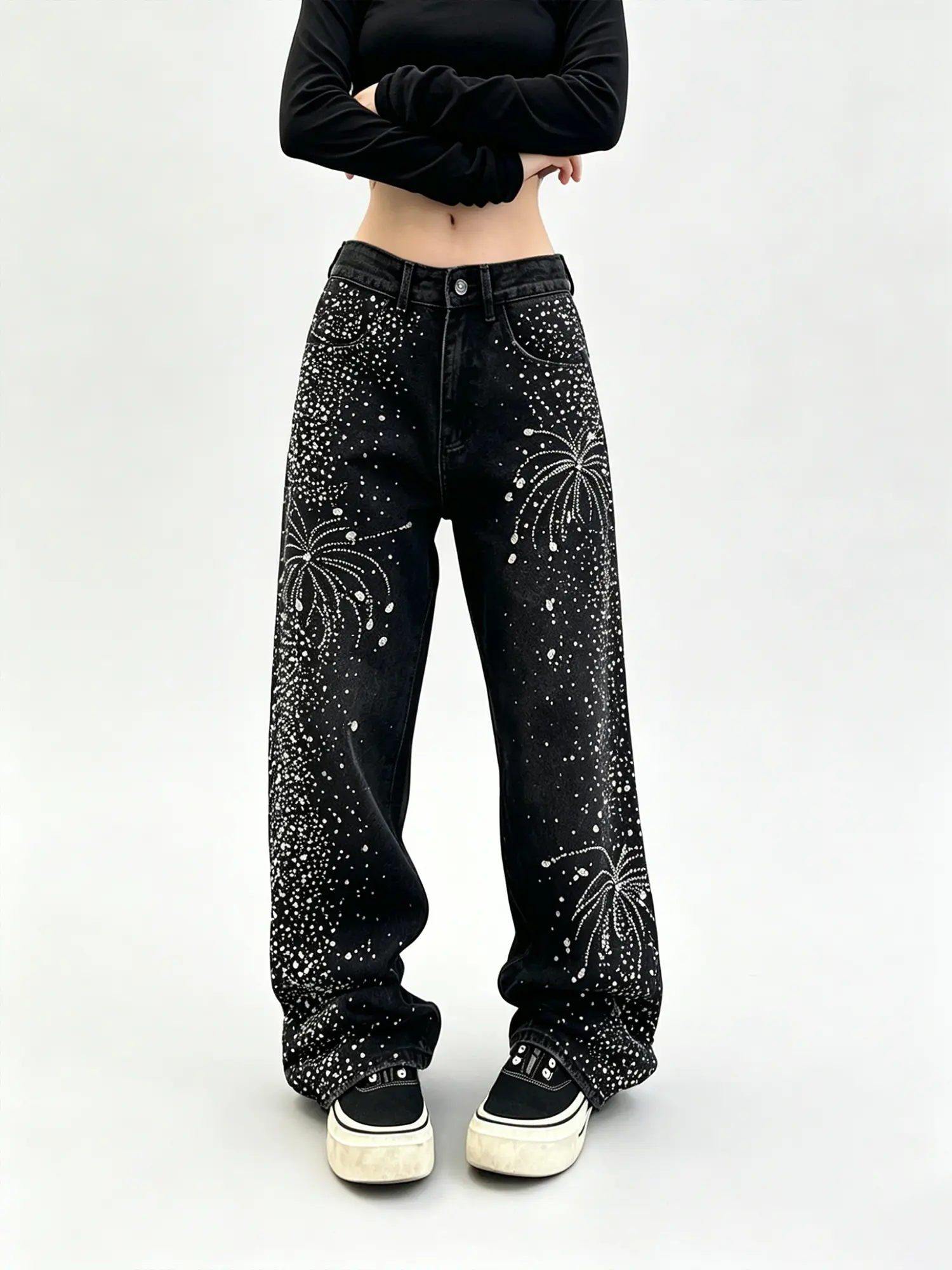 Women's High-Waist Firework Rhinestone Baggy Wide-Leg Jeans - Black Vintage Wash, Heat-Fused Sparkling Crystals, Tummy Control, Sweet-Cool Street Style, Durable Cotton Blend Denim Bottoms, Baggy Fit, Retro