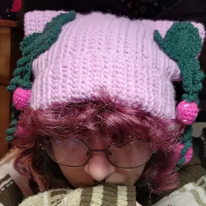Strawberry Milkshake Themed Crochet Cat Ear Beanie