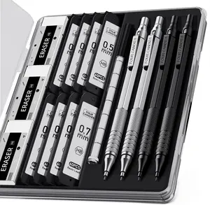 Four Candies 1PC/2PCS/3PCS/4PCS Metal Mechanical Pencils Set with Case, 0.5mm & 0.7 mm Artist Pencil with 8 Tubes (480PCS) HB Lead Refills, 3 Erasers,9 Eraser Refills For Writing Drafting, Drawing, Black&Silver