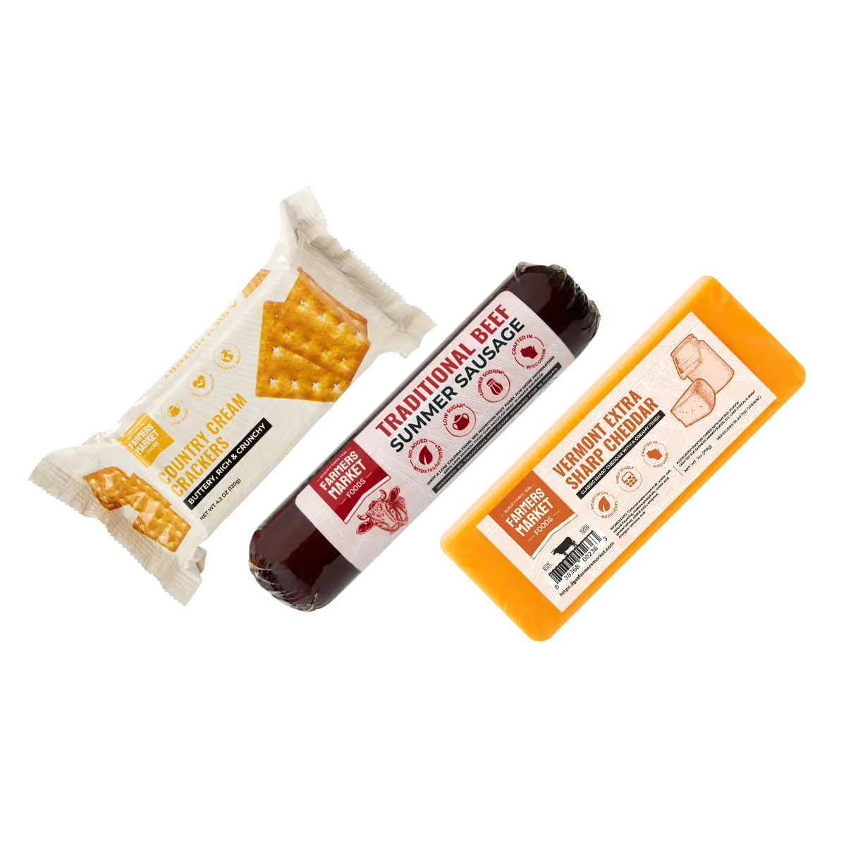 Farmers Market Foods Meat & Cheese Food Bundle Gift Set | Traditional Beef Summer Sausage, Vermont Sharp Cheddar, Crackers Snack Box | Keto-Friendly Charcuterie Basket for Father’s Day, Camping Care Packages