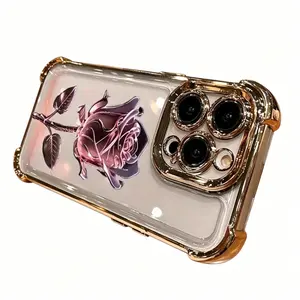 Pink rose electroplated pattern, drop-proof and non-slip TPU phone case, compatible with iPhone 17 Air, 16 Pro Max, 15 Plus, 14, 13, 12, 11.A unique phone case that can be given as a gift to boys or girls.iPhone Pro Max cases.