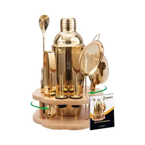 Cocktail Shaker Set Bartender Kit with Rotating Bamboo Stand,11 Piece Bar Set Stainless Steel Bar Tools Set with Recipes Booklet (Gold)