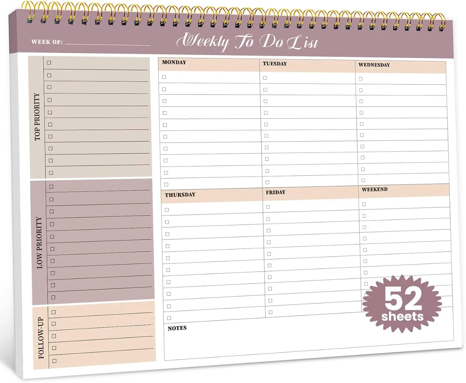 Undated Weekly Planner Notepad 8.5" x 11" – Weekly To Do List Desk Pad with 52 Sheets for Office, Work & Home Organization – Midnight Lilac