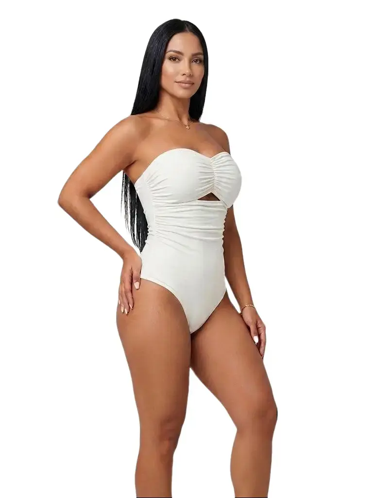 Women's Strapless Ruched White Bodysuit - Comfortable, Stylish 1-Piece Beachwear