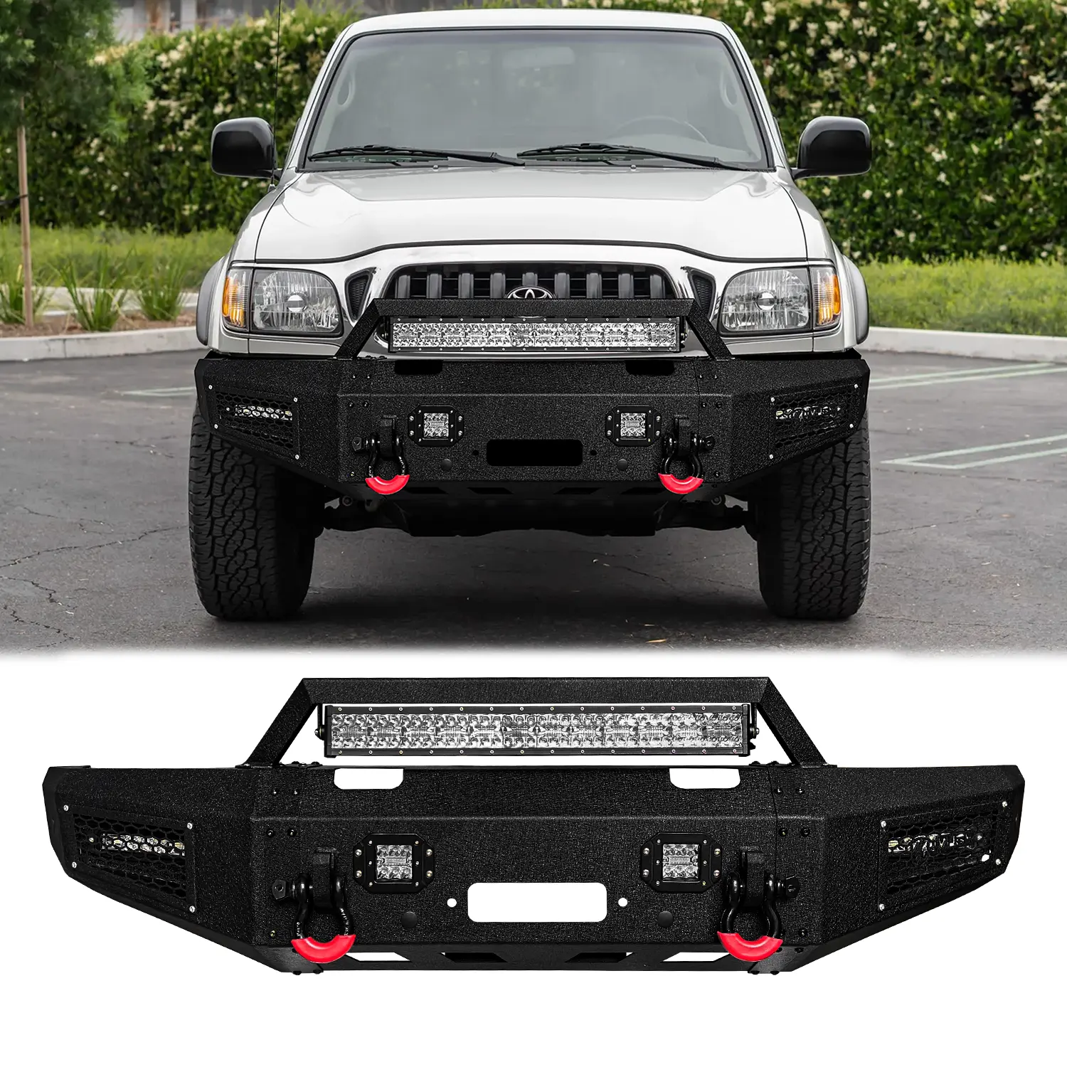 Vijay Black Textured Steel Front Bumper for 1995-2004 Toyota Tacoma Truck, Off-Road Vehicle Accessory with Winch Plate, Lighting Kit (2x24w Square, 1x144w LED Light Bar), 2 D-Rings, 4.75" D-Ring Mount, Screw Mount, Simple Installation