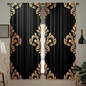 2-piece elegant golden crown patterned polyester curtain with transparent rod bag design, suitable for living rooms, bedrooms, offices - machine washable, artistic home and holiday decoration, Easy Install Curtain