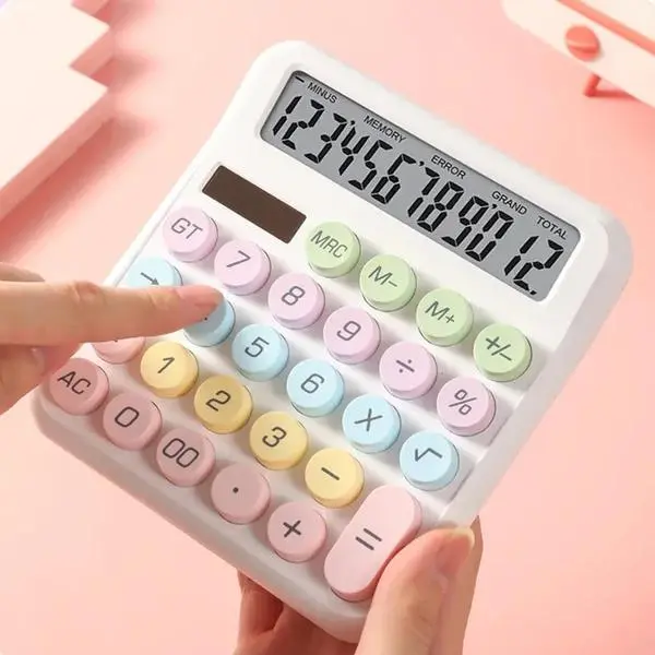 Dopamine Color Candy Piggy Bank Calculator - 16-Bit Large Buttons, Portable, Solar-Powered, Easy-to-Use, Hard Plastic Automatic-Off Coin Pusher for Home, Office