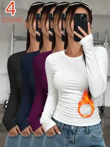 4-Pack Women's Thermal Underwear Tops, Solid Color Basic Classic Crew Neck Long-Sleeve Fitted Casual Base Layers for Autumn & Winter - Ideal as Running, Hiking Activewear, Comfortable Base Layer Tees Suitable for Outdoor Activities