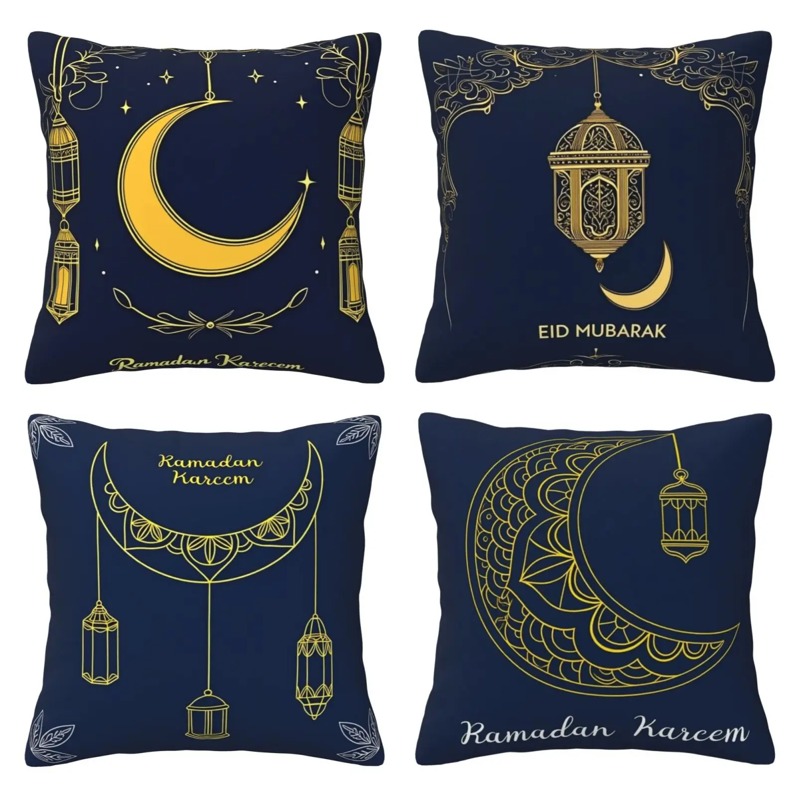 Blue Ramadan Pillowcase, Ramadan Decorative Lantern Crescent Pattern Outdoor Pillow Cover, Suitable for Home Sofa Spring Festival Decoration 4-piece Set with Double sided Printing