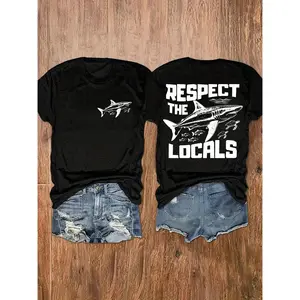Shark print round neck T-shirt, spring and summer casual short sleeved top, women's clothing