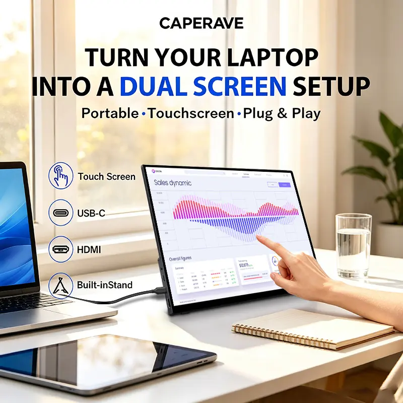 CAPERAVE 15.6" Portable Touchscreen Monitor | 4K/144HZ,FHD 1080P IPS Second Screen for Laptop & MacBook | USB-C HDMI External Display | Dual Monitor Setup for Work, Gaming, PS5 & Switch ultra-slim design
