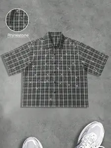Men's black and white checkered rhinestone printed short sleeved shirt, sparkling star patterned printed clothing, Plaid, loose shoulder design, suitable for casual street style, party night wear, suitable for Y2K style and fashion enthusiasts