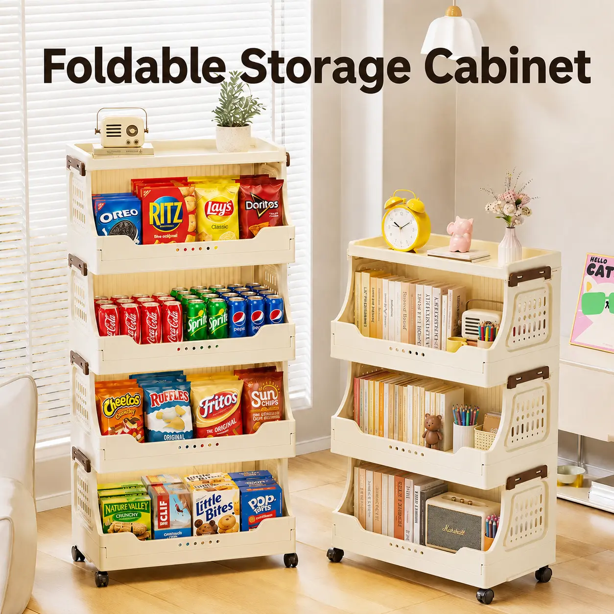 Minimalist 3/4-Tier Stackable Rolling Cart with Wheels - Foldable Combinable Plastic Storage Shelf, Multi-Scene Organizer Rack for Kitchen, Bedroom Small Room Organization