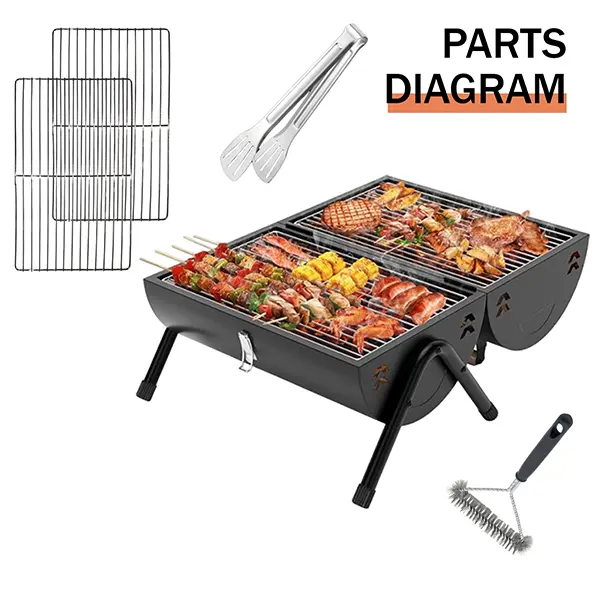 Flaryth Heavy-Duty Foldable Compact Portable Charcoal Barbecue Grill Set - Small Triangle Folding Tabletop BBQ with Dual-Side Smoker, Smooth Switching Function, Stable Standing Design, Grill Brush, Metal Tongs (Black) for Outdoor Camping