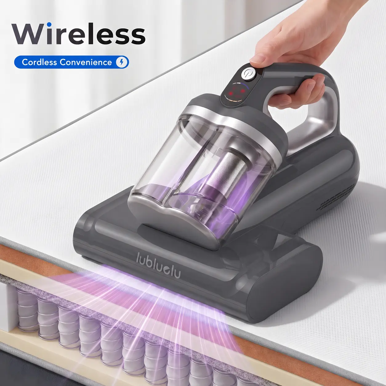 Cordless Mattress Vacuum Cleaner with 17kPa Strong Suction, UV-C Light, High-Frequency Tapping and Heated Air, Lightweight for Beds, Sofas, Pillows and Pet Hair