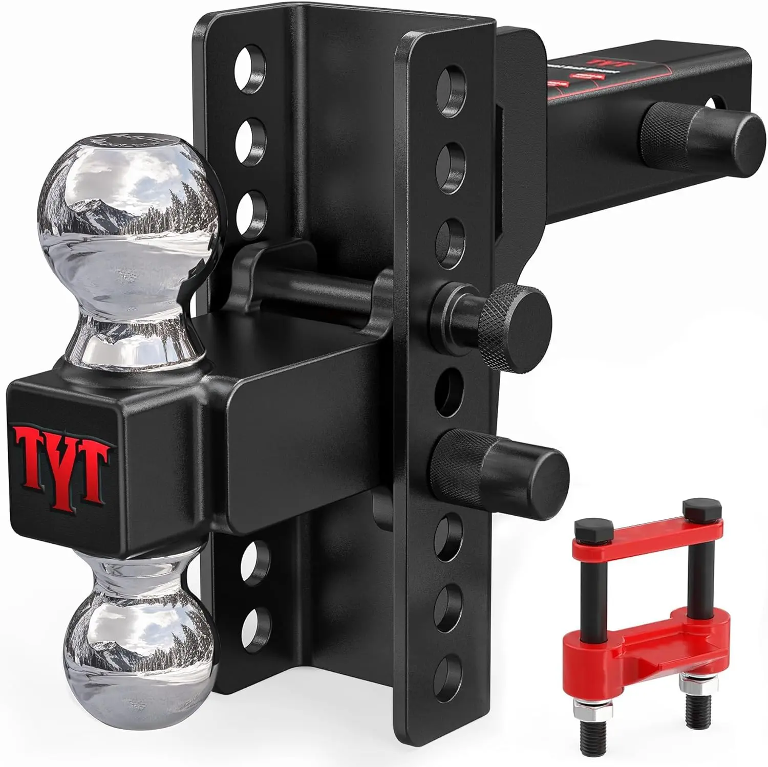 TYT Adjustable Heavy-Duty Dual Ball Mount Trailer Hitch, Fits 2 inch Receiver, 6" Drop/Rise Drop Hitch, Solid Hitch Balls (2" & 2-5/16"), Anti-Theft Pin Locks & Hitch Tightener, 12,500 lbs GTW, 2,200 lbs Tongue Weight for Trucks RVs SUVs