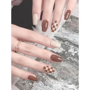 Instantly Upgrade Your Look With 24pcs Medium Coffin Brown Khaki Checkerboard Color Block Fake Nail & 1pc Nail File & 1sheet Tape Press On Nails Nail Supplies