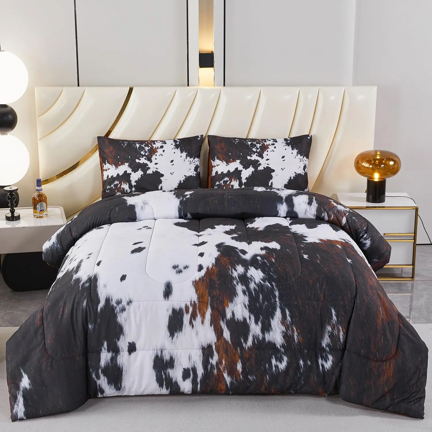 Full Size Comforter Sets 3 count, Western Cow  Print Bedding Set, Farmhouse Rustic Black and White Bed Set, Cute  Cowhide Comforter Set for Bedroom Decoration