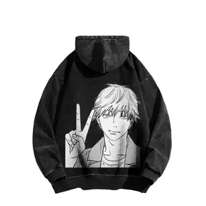 Asa Mitaka Front and Denji Vintage Style Cotton anime Washed Hoodie