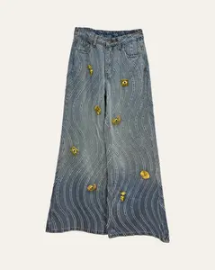 Women's Cotton Wave-Stitch Embellished Loose-Fitting Jeans - Lady's Denim Clothes Bottoms