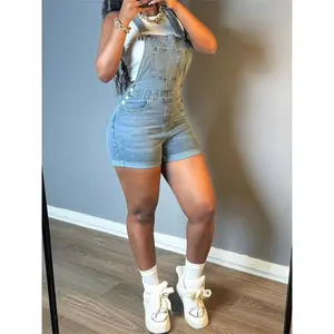 Women's Slim-Fit Sleeveless Jeans Romper - Button-trimmed ankles, Non-Transparent Denim Jumpsuit with Pockets, Machine Washable Casual Outfit for Everyday, Parties, Formal Events - Spring/Summer Essential, Casual Attire, Nontransparent Fabric