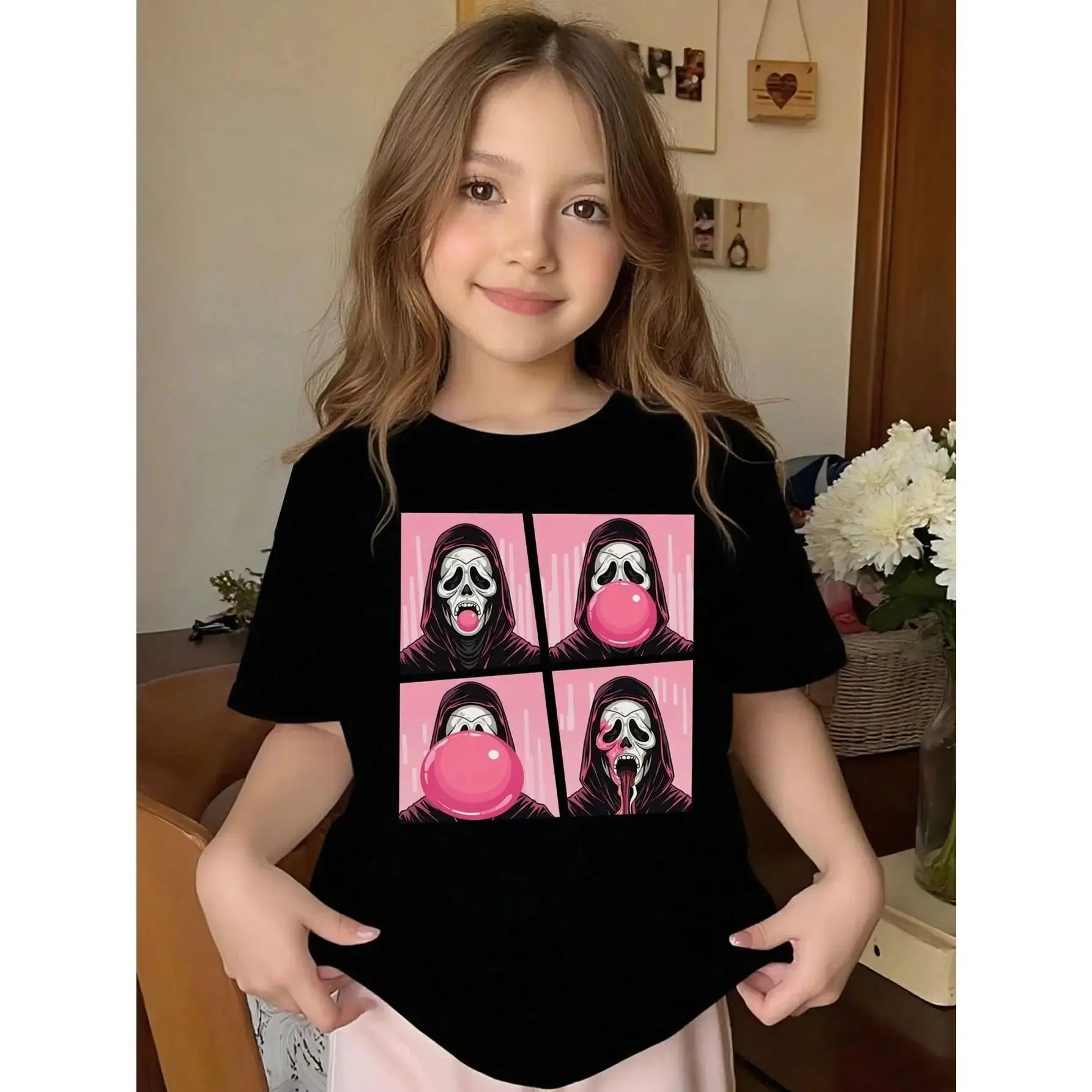 Kids Clothing Girls Crew Neck 100% Cotton Halloween T-Shirt - Pop Art Ghost Print, Trick Or Treat Graphic Tee, Black Casual Summer Single-Print Kids Top