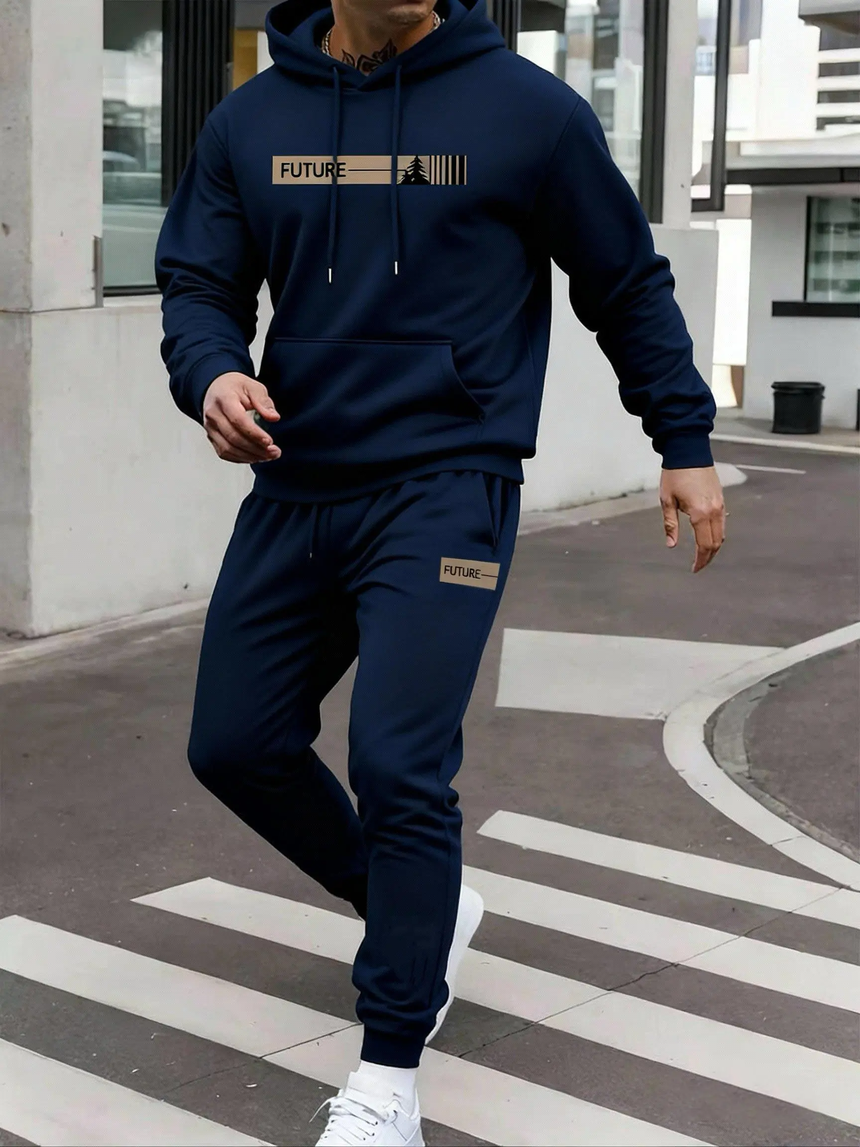 Men's Streetwear Tracksuit Set with 'FUTURE' Graphic Print, 2-Piece Hoodie and Pants Outfit for Gym and Daily Wear, Viral Mensfashion Style, Viralproducts, Gym Clothes Set, Athletic Tracksuit, Polyester, Fitness Sportswear Set