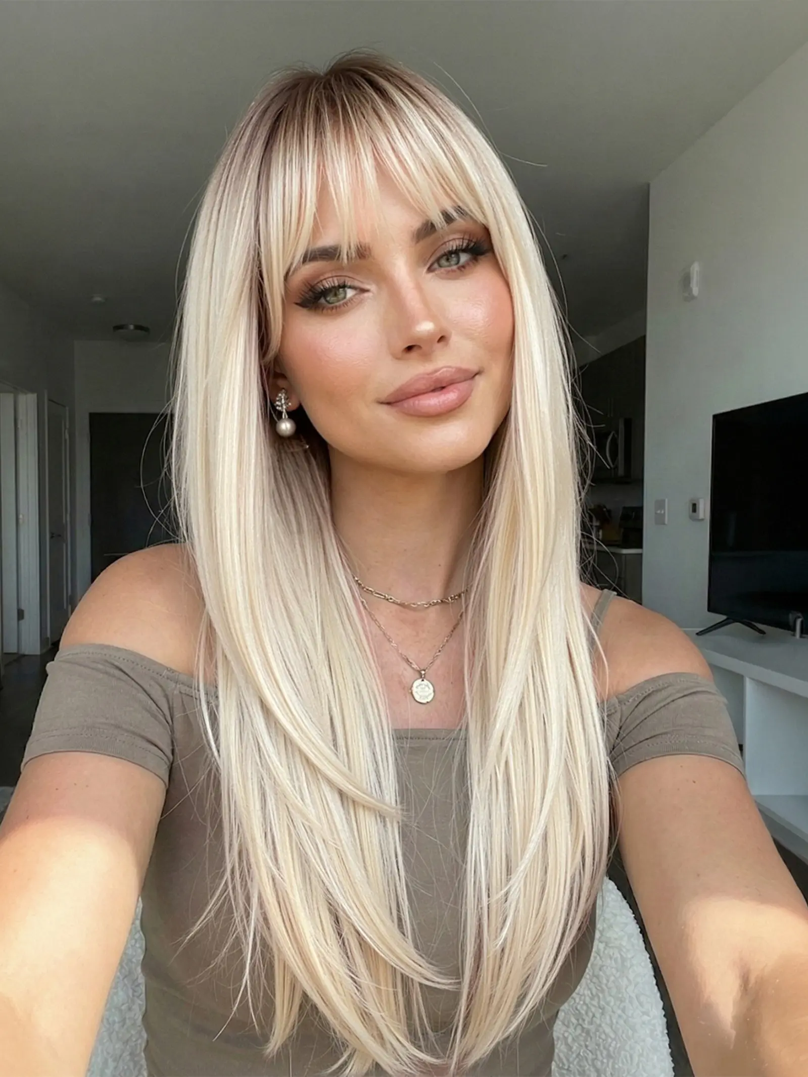 24 Inch Long Straight, Ash Full Bangs, High Temperature Resistant, Fashion Casual Women's Hairpiece, Synthetic Material Wigs, Stylist Friendly Wig, Heat Resistant Wig