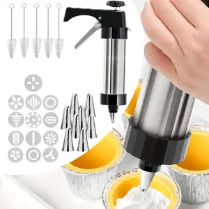 22pcs Cookie Press Extruder/Cream Piping Gun/Piping Nozzle for Melted Beans/Baking Tools/Including 13pcs Flower Shape Disc + 8pcs Piping Nozzle + 1pc Press Gun/Must-Have Kitchen Tool for Halloween/Christmas And Valentine's Day Baking