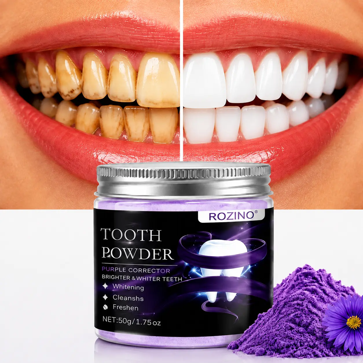 ROZINO Purple Whitening Tooth Powder - 50g Natural Botanical Teeth Cleaning Powder with Plant-Based Ingredients, Fresh Breath Support, Gentle Clean Daily Oral Care for Brighter Smile