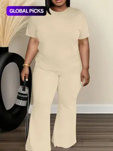 Women's Plus Size Fashionable Everyday Casual Round Neck Short Sleeve Top & Loose Fit High Waist Flare Leg Pants Set, Comfortable Plain Outfit