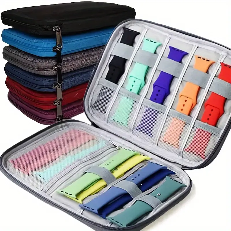 Travel Essentials Portable Apple Watch Band Organizer Case - Multifunctional Travel Storage Bag with Mesh Pockets, Elastic Strap Holders, Polyester Fiber, Flip Closure
