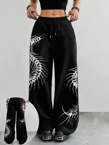 Women's High Waist Loose Fit Wide Leg Pants, Casual High Rise, Spider Pattern Design, Punk Style, Casual Dark Aesthetic, Unique Fashion for All Seasons, Casual Elastic Waisted, Casual Drawstring Waist