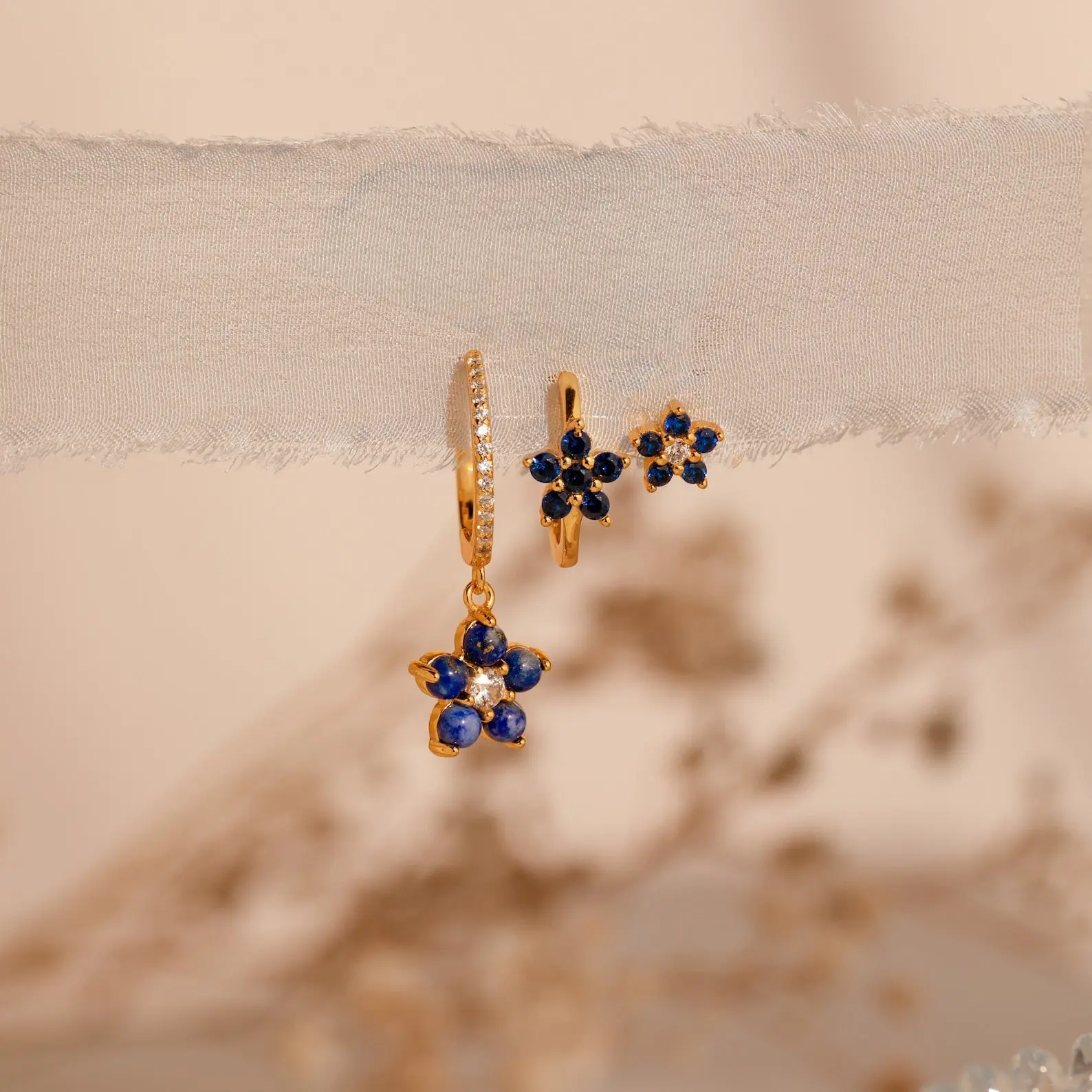 Sapphire Flower Earrings Set by Caitlyn Minimalist - Dainty Blue Floral Gemstone Earrings in Gold & Silver - Set of 3 Sapphire & Diamond Earrings - Nature Jewelry - Gift for Her