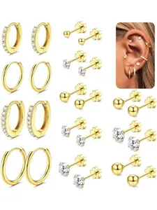 12 Pairs Stud Earrings for Women Surgical Steel Hypoallergenic Huggie Hoop Earrings Set, Tiny Cz Flat Back Helix Cartilage Earrings in & Silver Color Studs Earrings