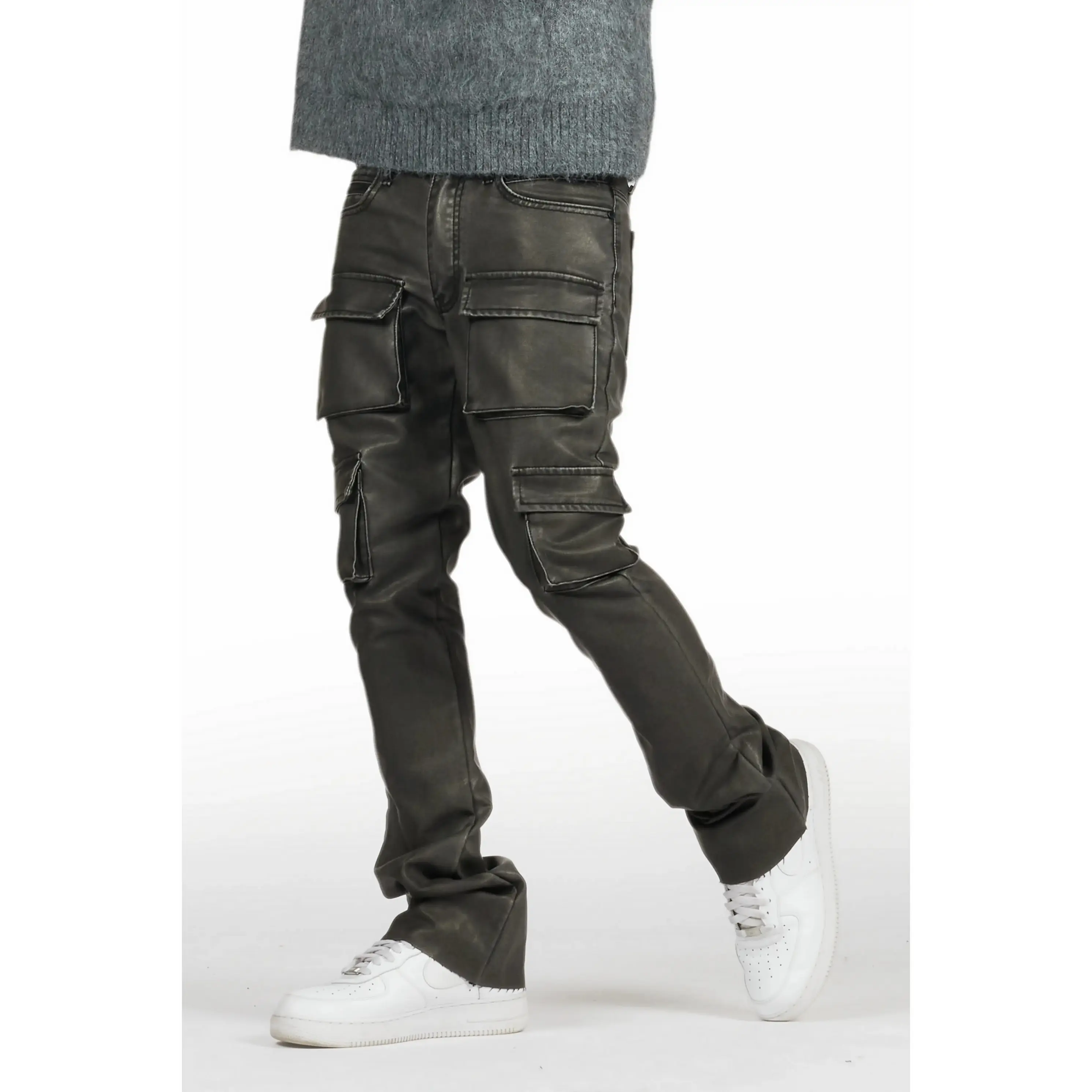 Khaza Distressed Black PU Leather Jean