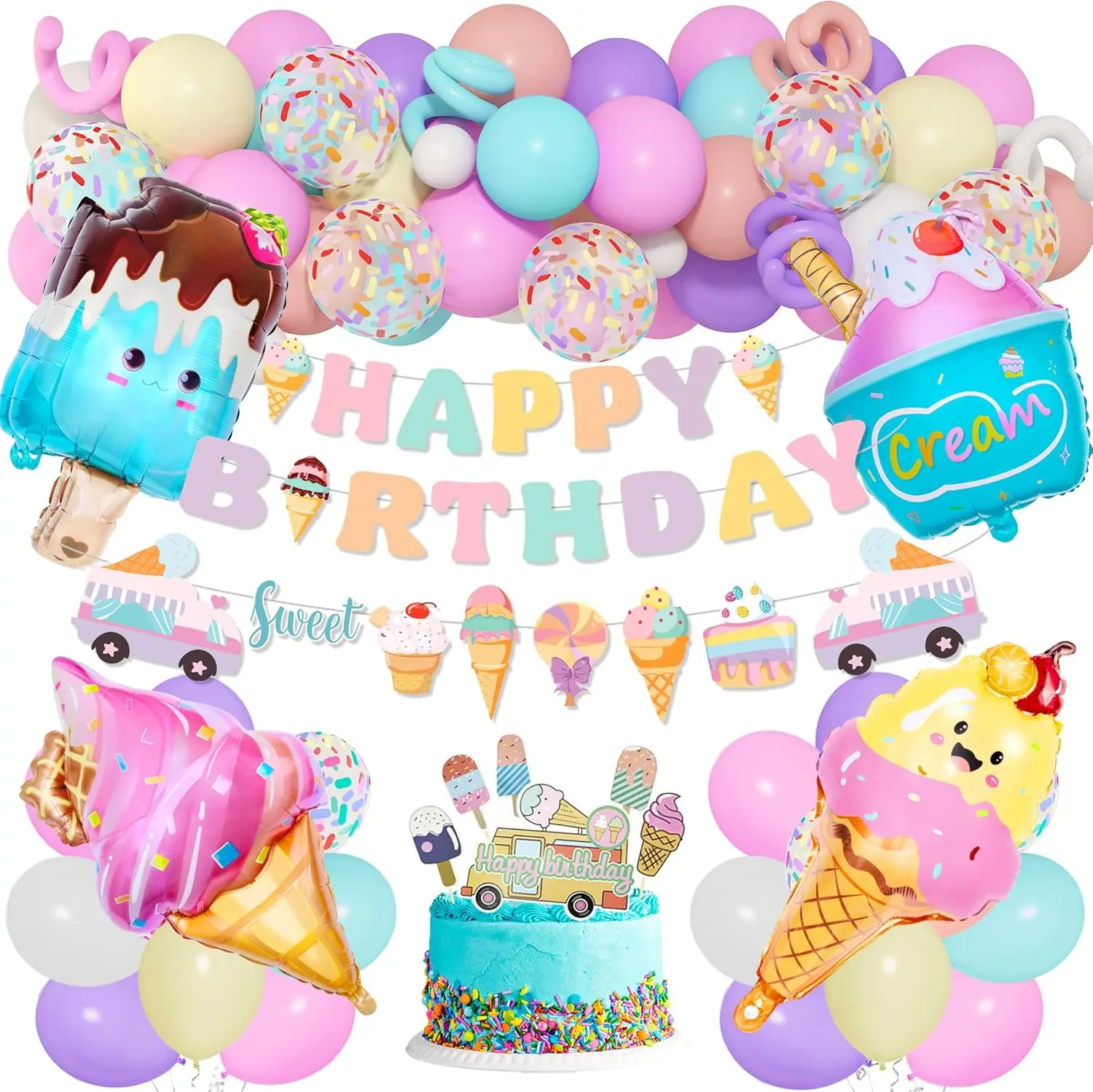 75Pcs Ice Cream Birthday Party Decorations for Girls Kids, Pastel Ice Cream Balloon Garland Arch Kit First Two Sweet Birthday Banner Foil Sprinkle Long Twist Balloons Cupcake Toppers Party Supplies Ouddy Party