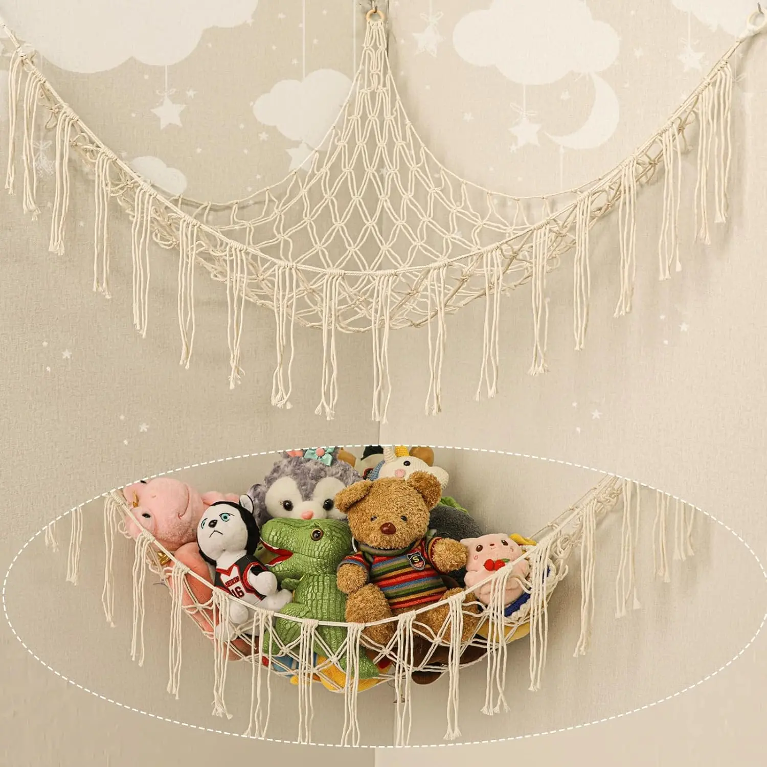 Stuffed Animal Hammock Corner, Hand-Knitted Large Plushie Net Toy Hammock with Wooden Rings | Boho Cute Stuff Animal Storage for Nursery & Bedroom | Mesh Kids Toy Organizer Holder Nursery Room Decor